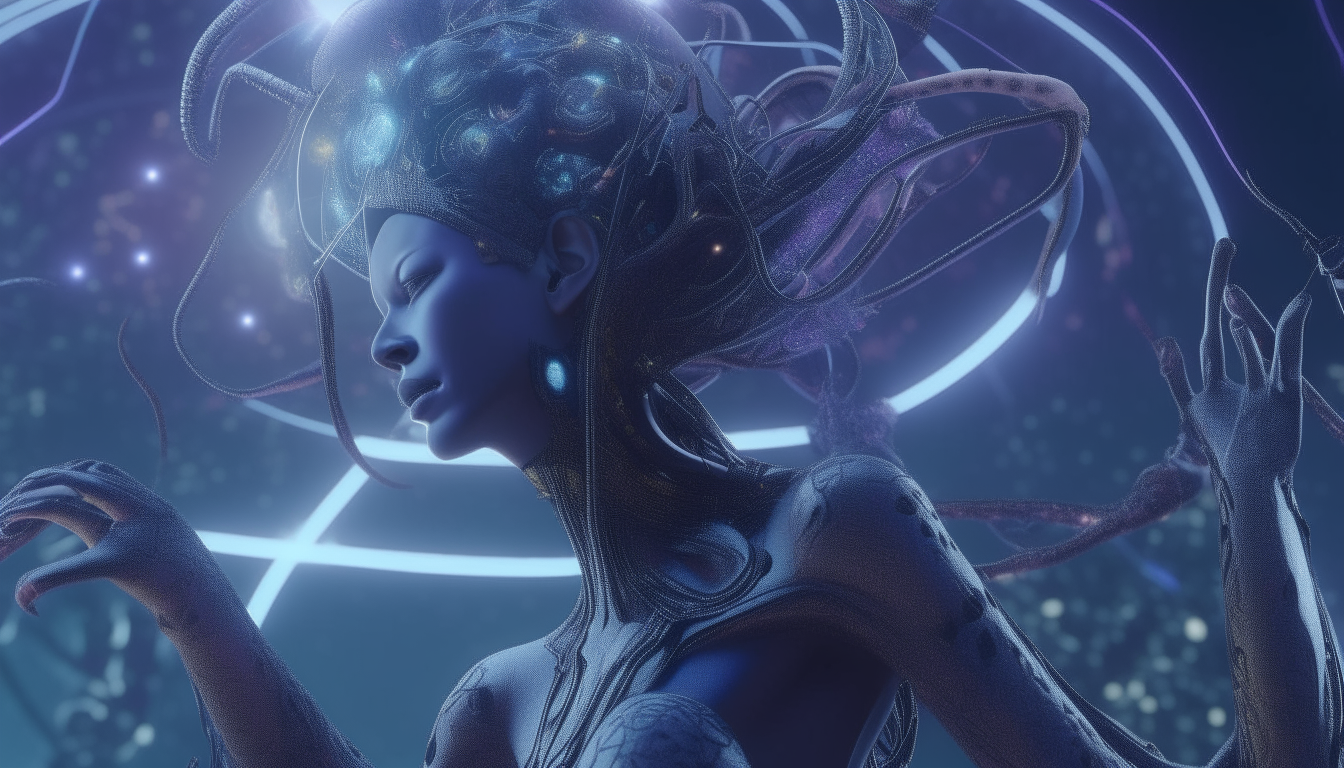 an alien goddess morphing with an alien cyborg, spiky tentacles and wires twisting with electric shocks next to holographic cosmic eternal time machine controls, the cosmos swirling in the sky above, extremely detailed, 4k resolution, 16:9 aspect ratio, dark sci-fi fantasy style