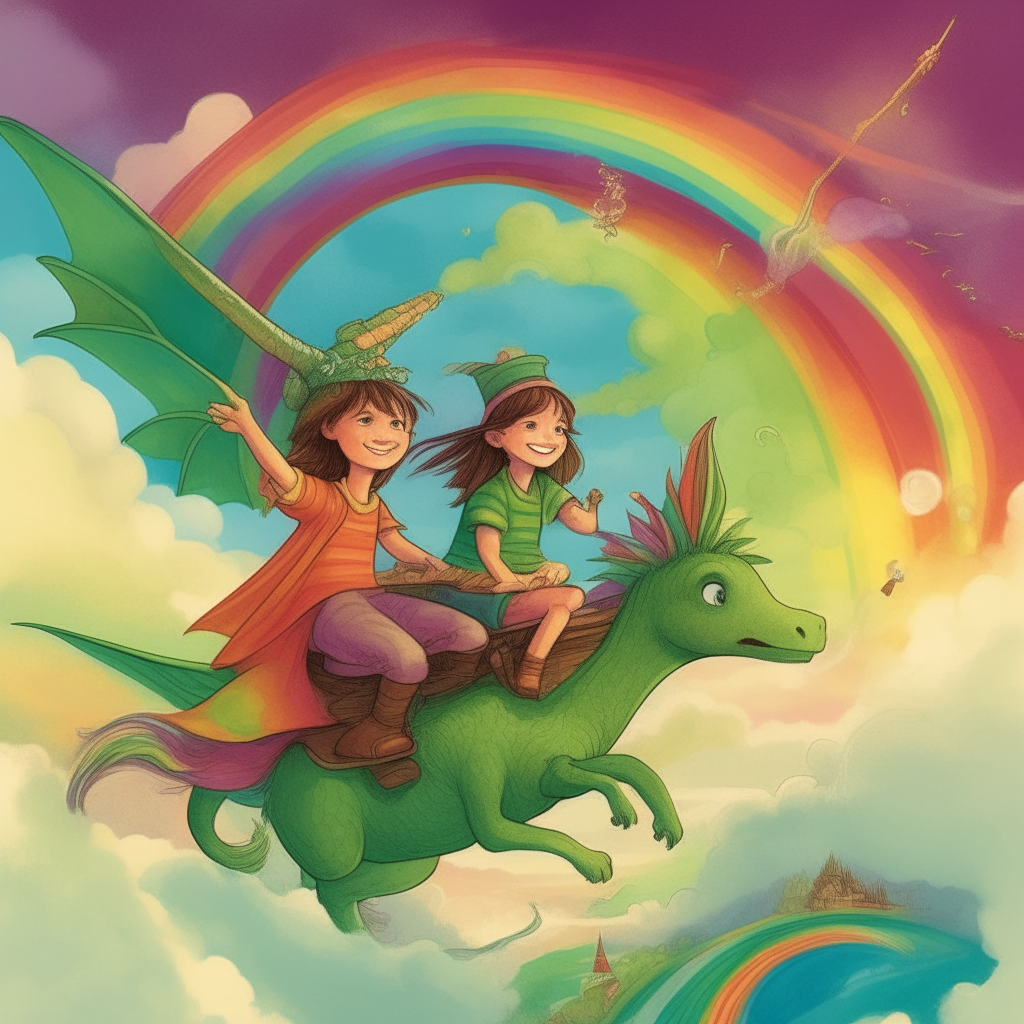Two young witches, a boy and a girl, fly through the sky on their broomsticks with a friendly green dragon under a beautiful rainbow.