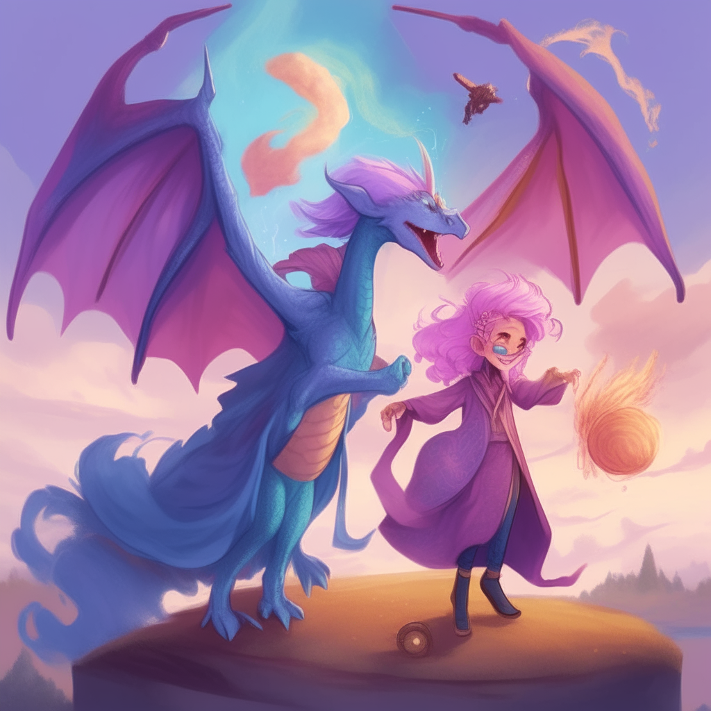 A pink-haired witch and a blue-haired wizard laugh as a purple dragon with wings like clouds chases them through an arching rainbow on a sunny afternoon.