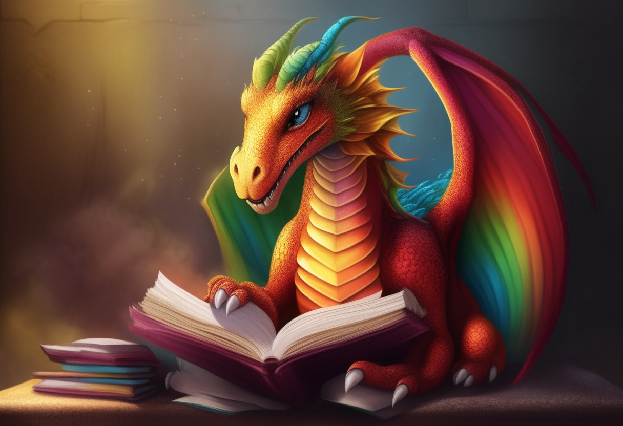 A majestic dragon with red scales and wings sits under a colorful rainbow, peacefully reading an ancient leather-bound book