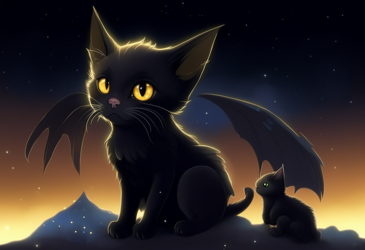 A black kitten sits curiously looking at a small black dragon with wings and horns. Both have glowing yellow eyes and are set against a night sky filled with stars.