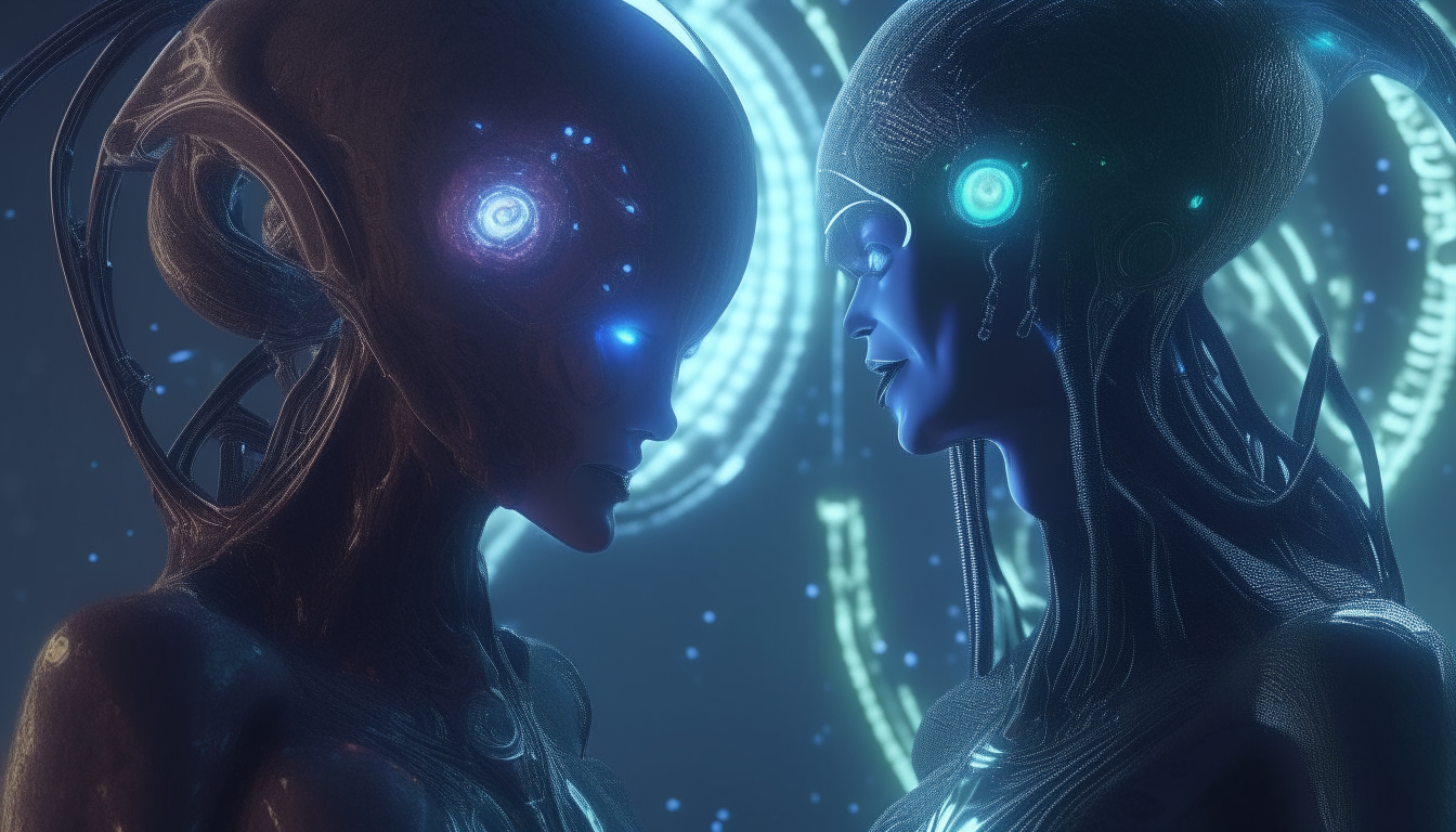 an alien goddess and alien god looking at each other, tentacles intertwining, with holographic orbs and digital code plasma balls swirling around them, extremely detailed, 4k resolution, 16:9 aspect ratio, dark sci-fi fantasy style