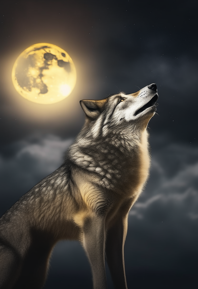 a majestic grey wolf with glowing yellow eyes, howling at a full moon partially obscured by clouds in a night sky full of stars