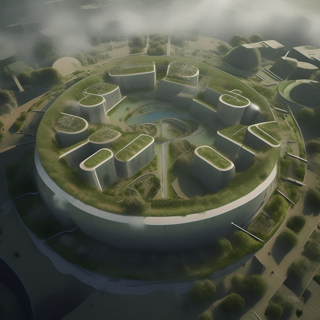 Aerial view of a circular underground city, with greenhouse farms on the surface