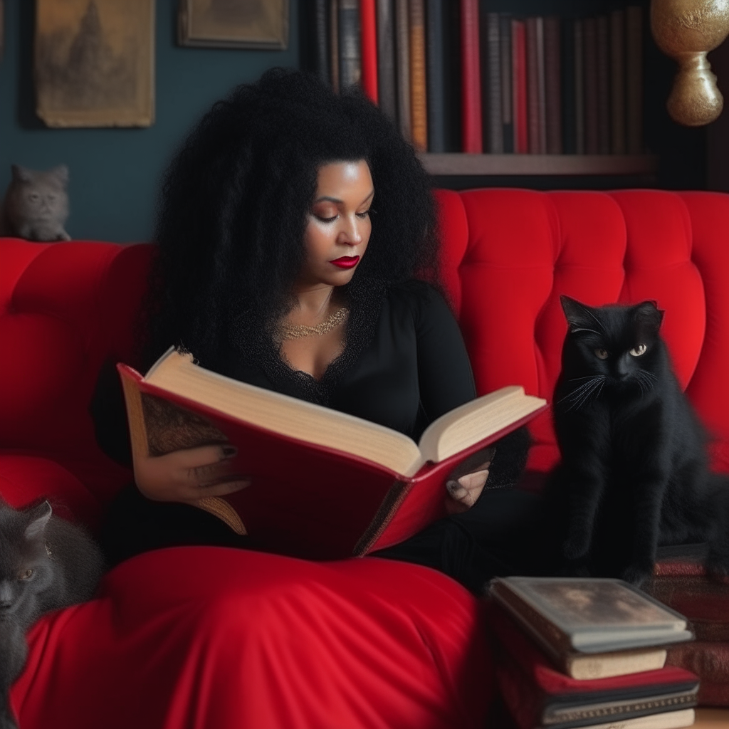 Una hermosa bruja de cabello negro sentada en un sofá rojo leyendo un gran libro de hechizos, rodeada de cinco gatos negros durmiendo pacíficamente