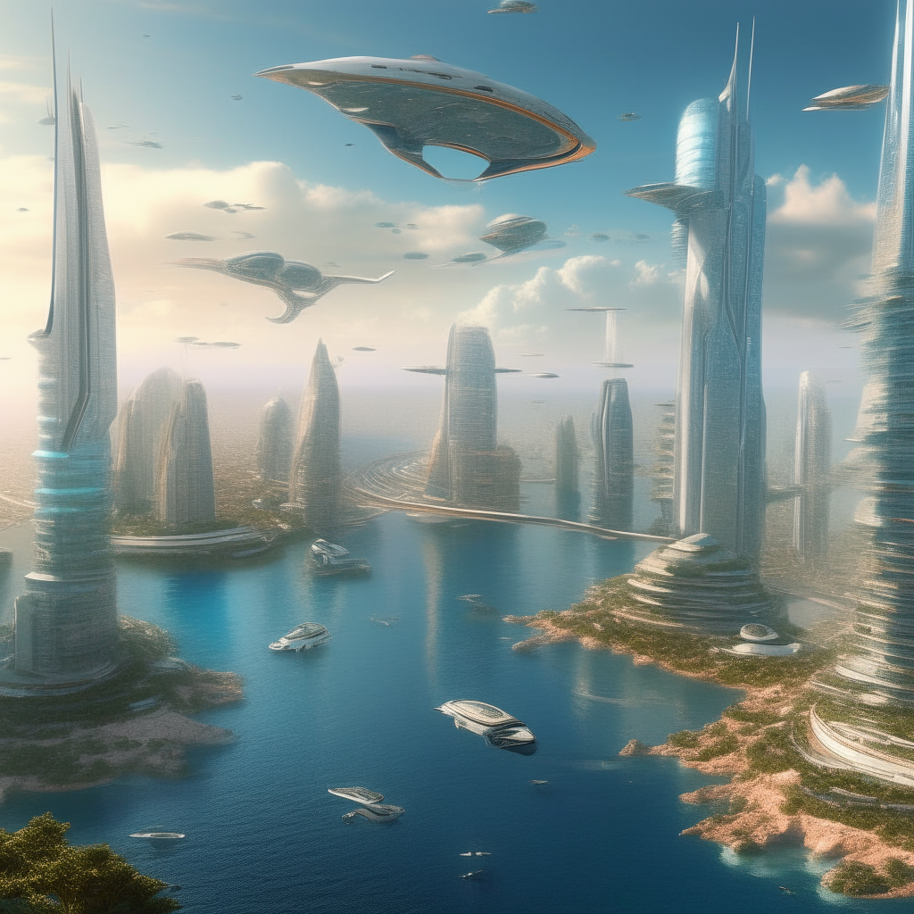 A sprawling high-tech metropolis on the coast, with flying vehicles and tall glass skyscrapers