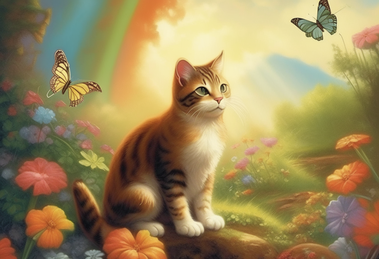 Un gato y un dragón descansando en un paraíso floral, con flores, mariposas y un arcoíris en el cielo