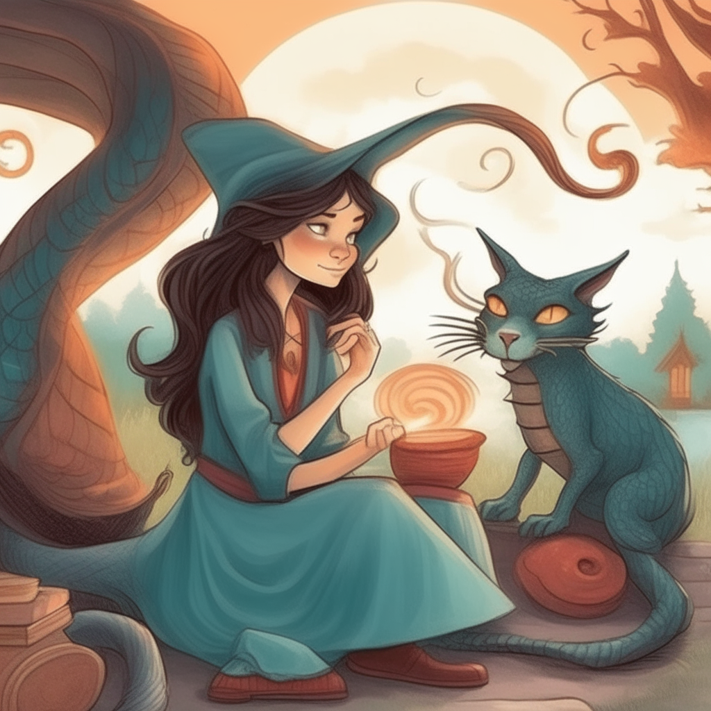 La bruja Sophie sentada junto al gato y el dragón, observando el paraíso