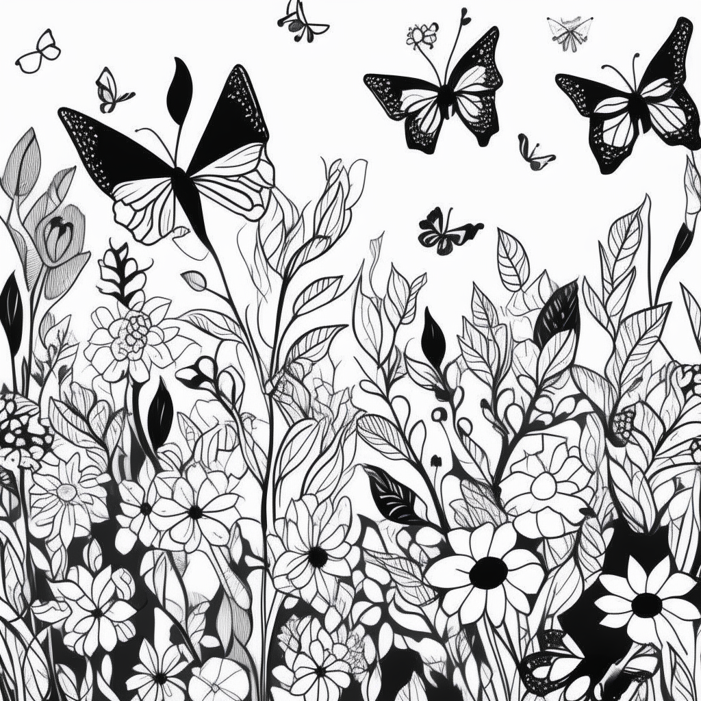 a garden with thick-lined flowers like daisies, tulips and roses in simple black and white, no shadows, for easy coloring, surrounded by cartoon-style butterflies with thick outlines