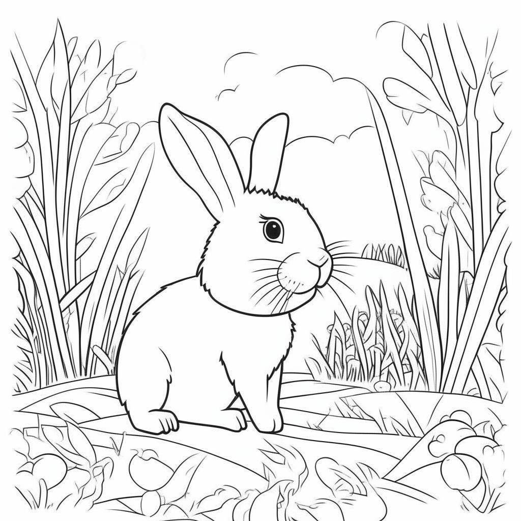 a cartoon-style black and white drawing of a rabbit in a meadow full of thick-lined carrots, no shadows, for easy coloring