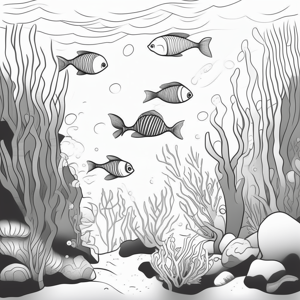 a cartoon-style black and white drawing of fish swimming among thick-lined coral, no shadows, for easy coloring