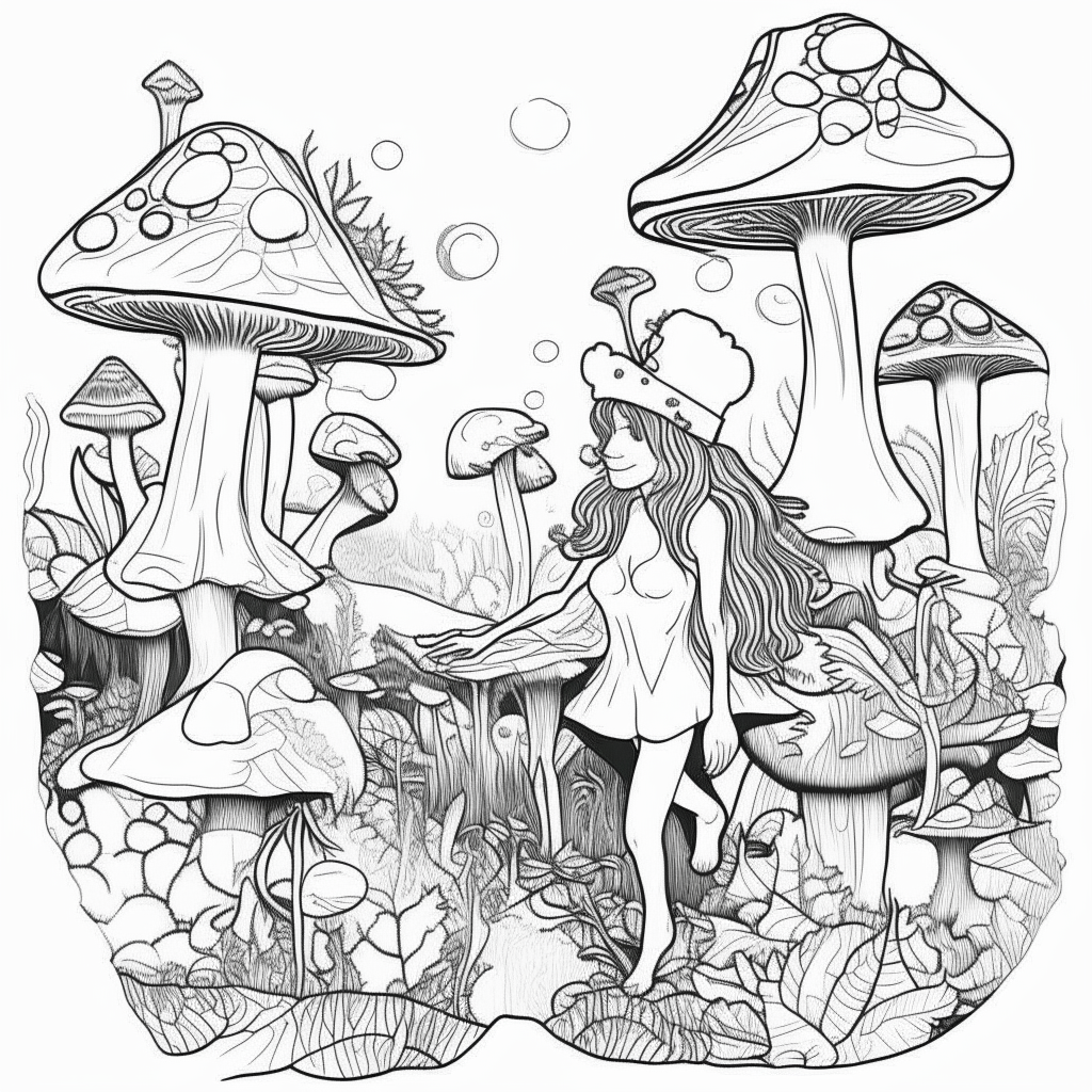 a cartoon-style black and white drawing of fairies and thick-lined mushrooms in an enchanted forest, no shadows, for easy coloring