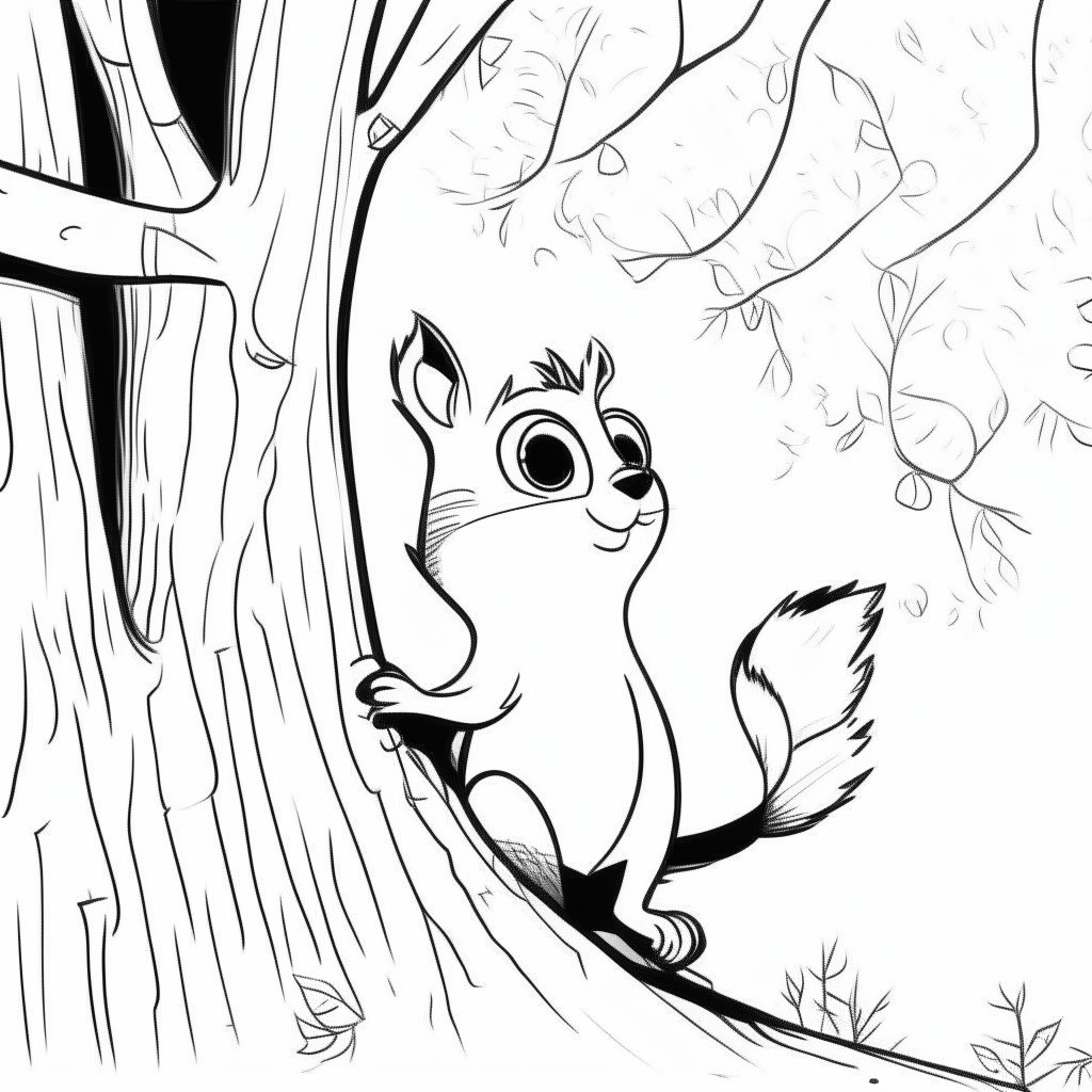 a cartoon-style black and white drawing of a squirrel hiding in the treetops in a Pixar-like style, thick lines, no shadows, for easy coloring