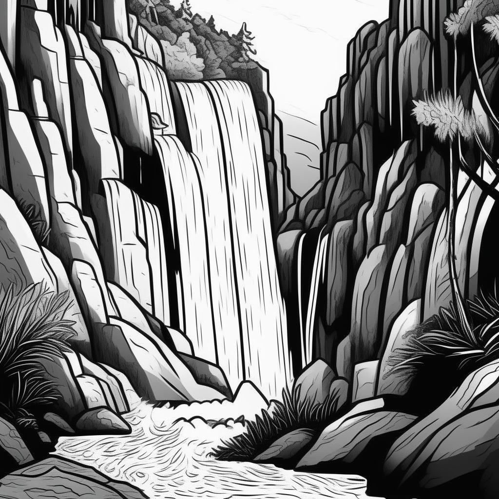 a cartoon-style black and white drawing of a waterfall flowing between thick-lined lush rocks in a Pixar-like style, for easy coloring