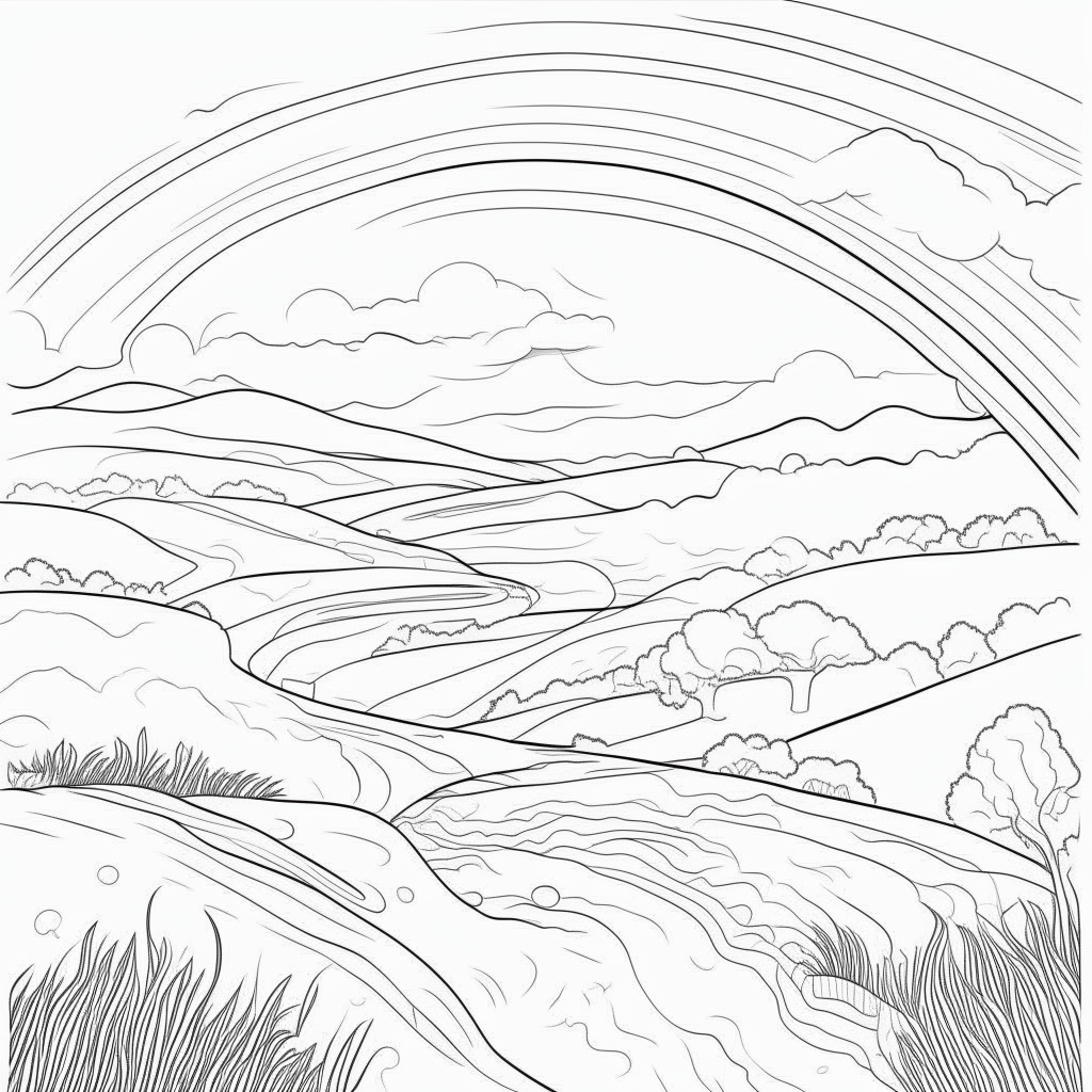 a cartoon-style black and white drawing of a rainbow over a lush valley, thick lines, no shadows, for easy coloring