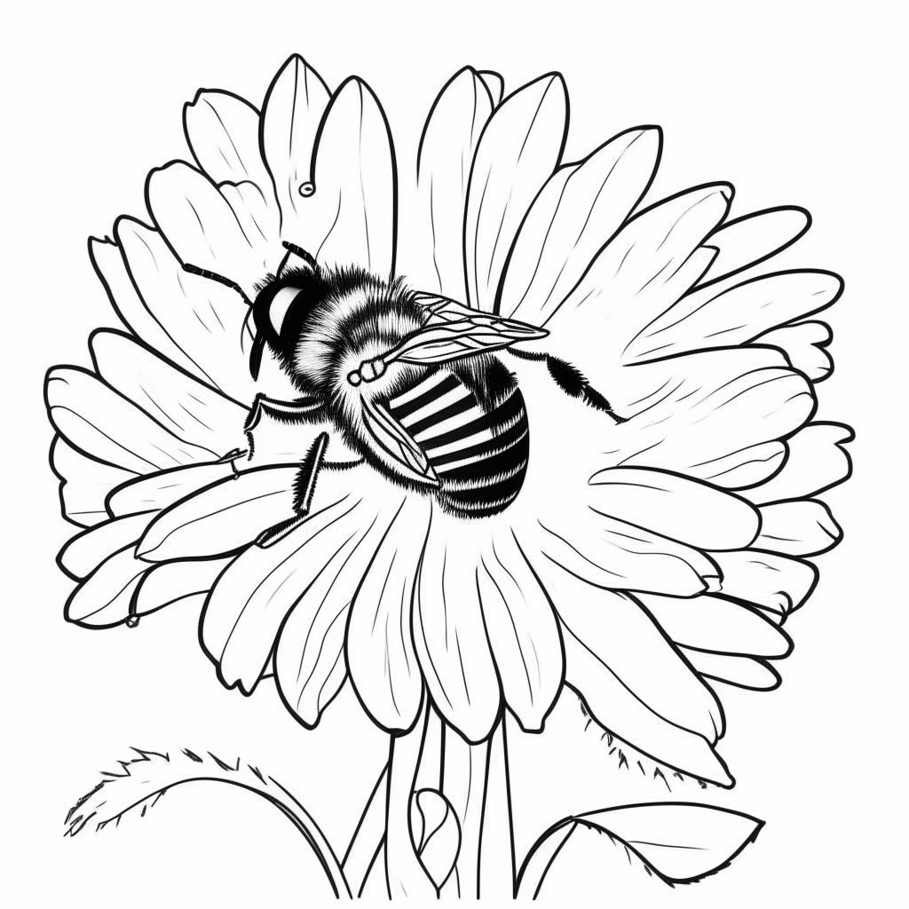 a cartoon-style black and white drawing of a bee collecting nectar from a thick-lined flower, no shadows, for easy coloring