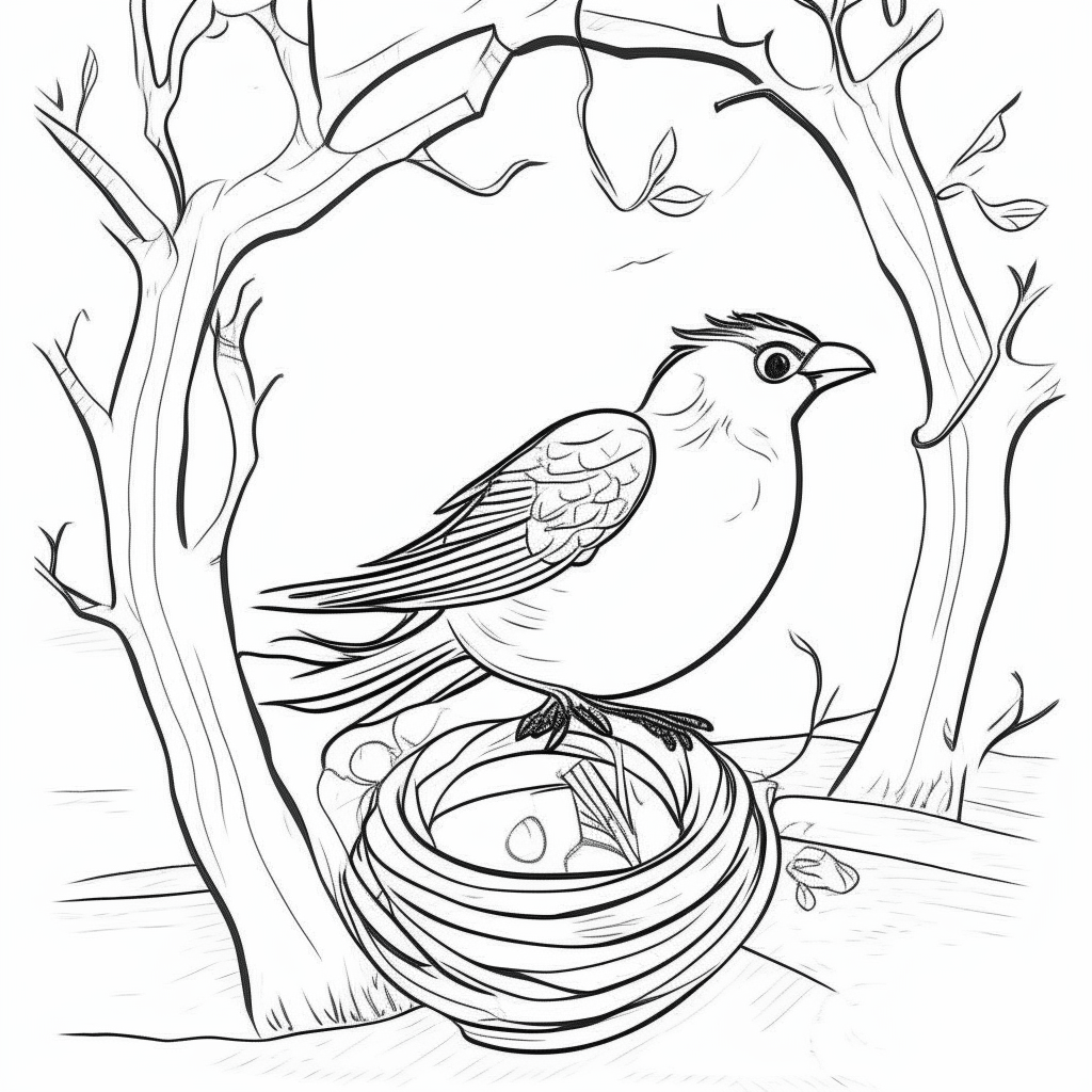 a cartoon-style black and white drawing of a bird constructing a nest with sticks in a tree branch, thick lines, no shadows, for easy coloring