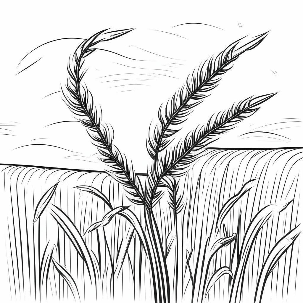 a cartoon-style black and white drawing of wheat swaying in the wind in a field, thick lines, no shadows, for easy coloring