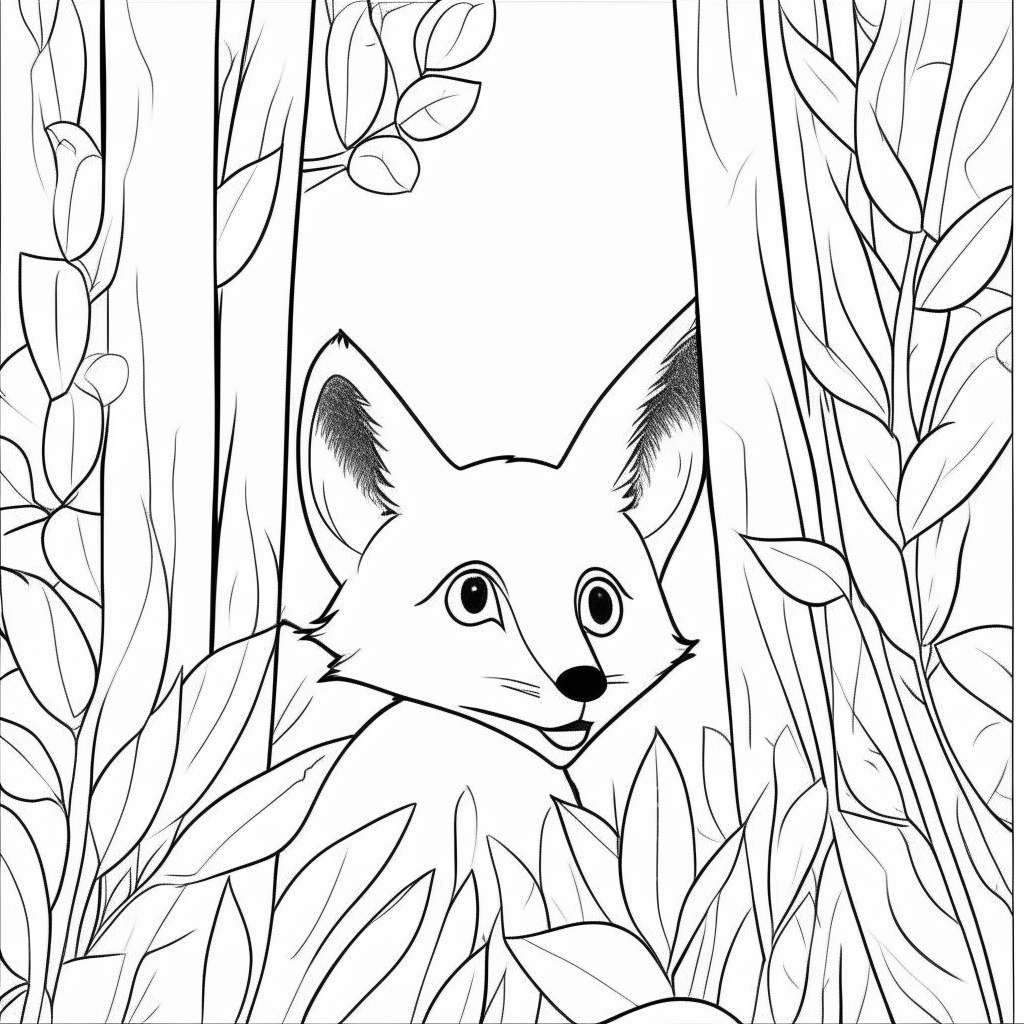 a cartoon-style black and white drawing of a fox peeking out from behind a bush, thick lines, no shadows, for easy coloring