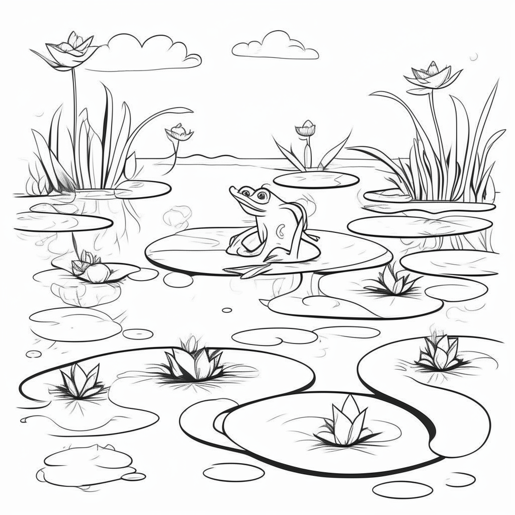 a cartoon-style black and white drawing of lily pads and frogs in a peaceful lake, thick lines, no shadows, for easy coloring