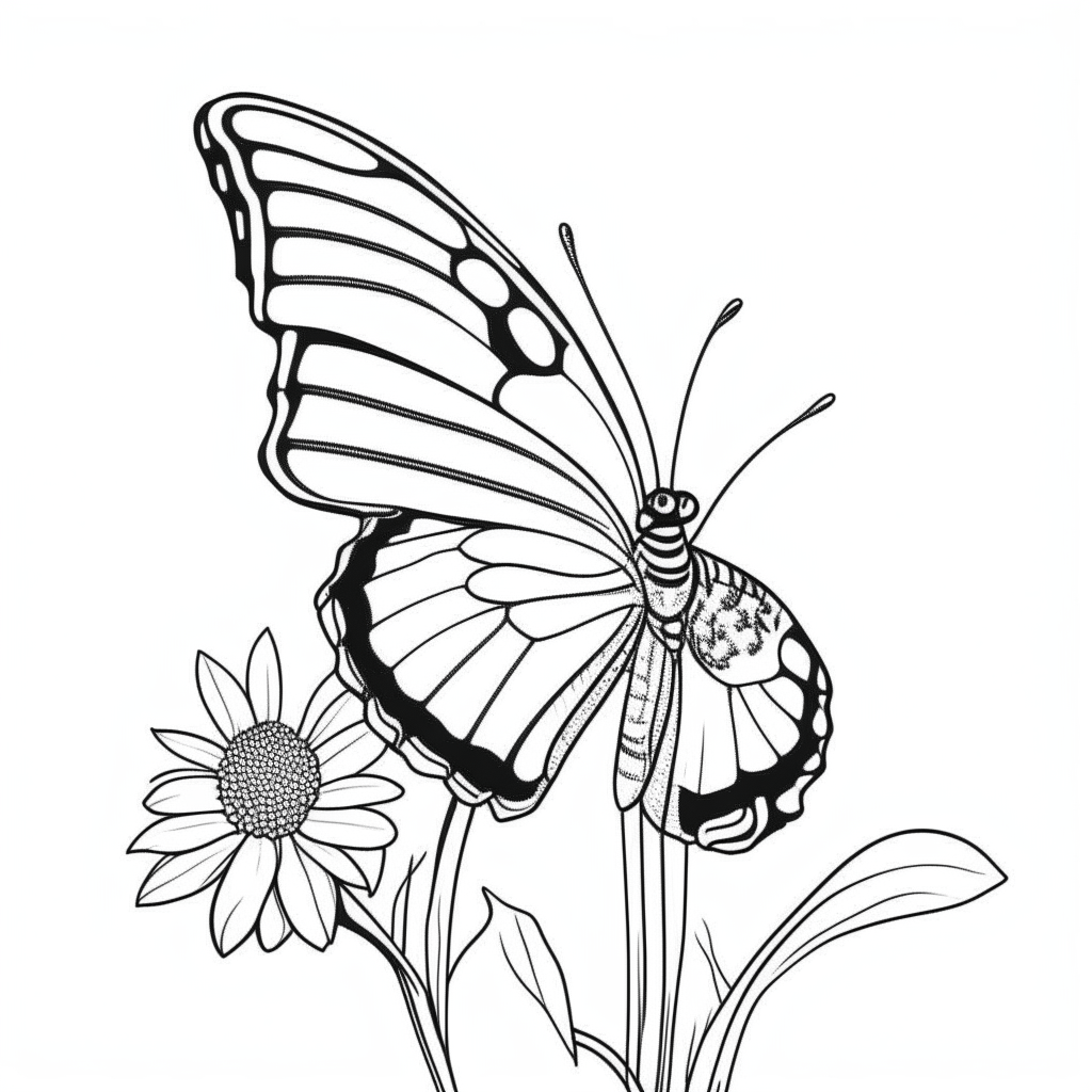 a cartoon-style black and white drawing of a butterfly perched on a daisy, thick lines, no shadows, for easy coloring