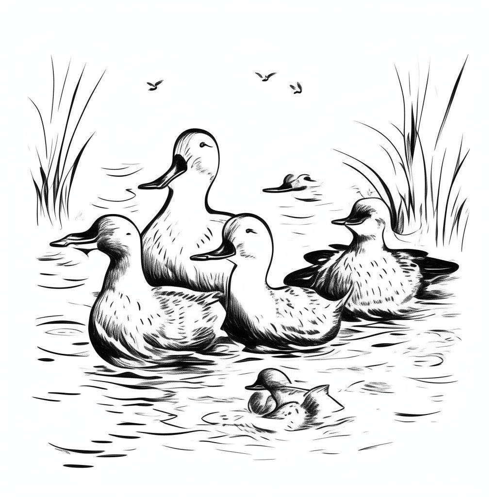 a cartoon-style black and white drawing of a family of ducks swimming together in a lake, thick lines, no shadows, for easy coloring