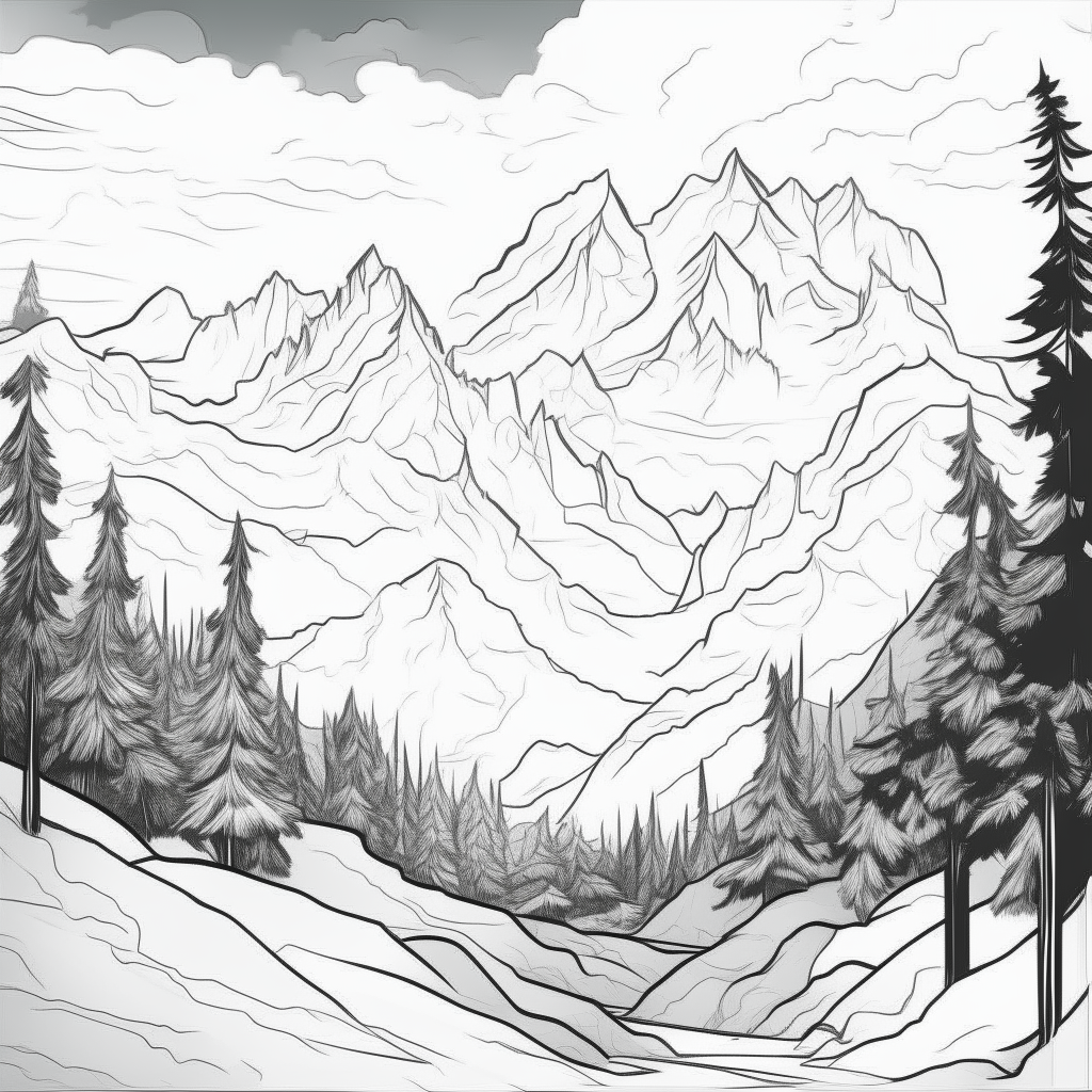 a cartoon-style black and white drawing of snow-covered mountains and pine trees, thick lines, no shadows, for easy coloring