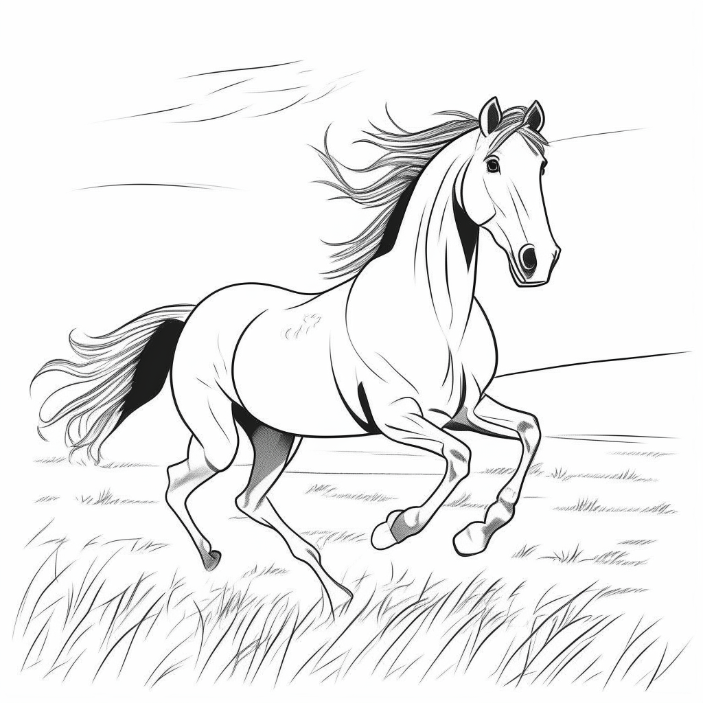 a cartoon-style black and white drawing of a galloping horse in an open field, thick lines, no shadows, for easy coloring