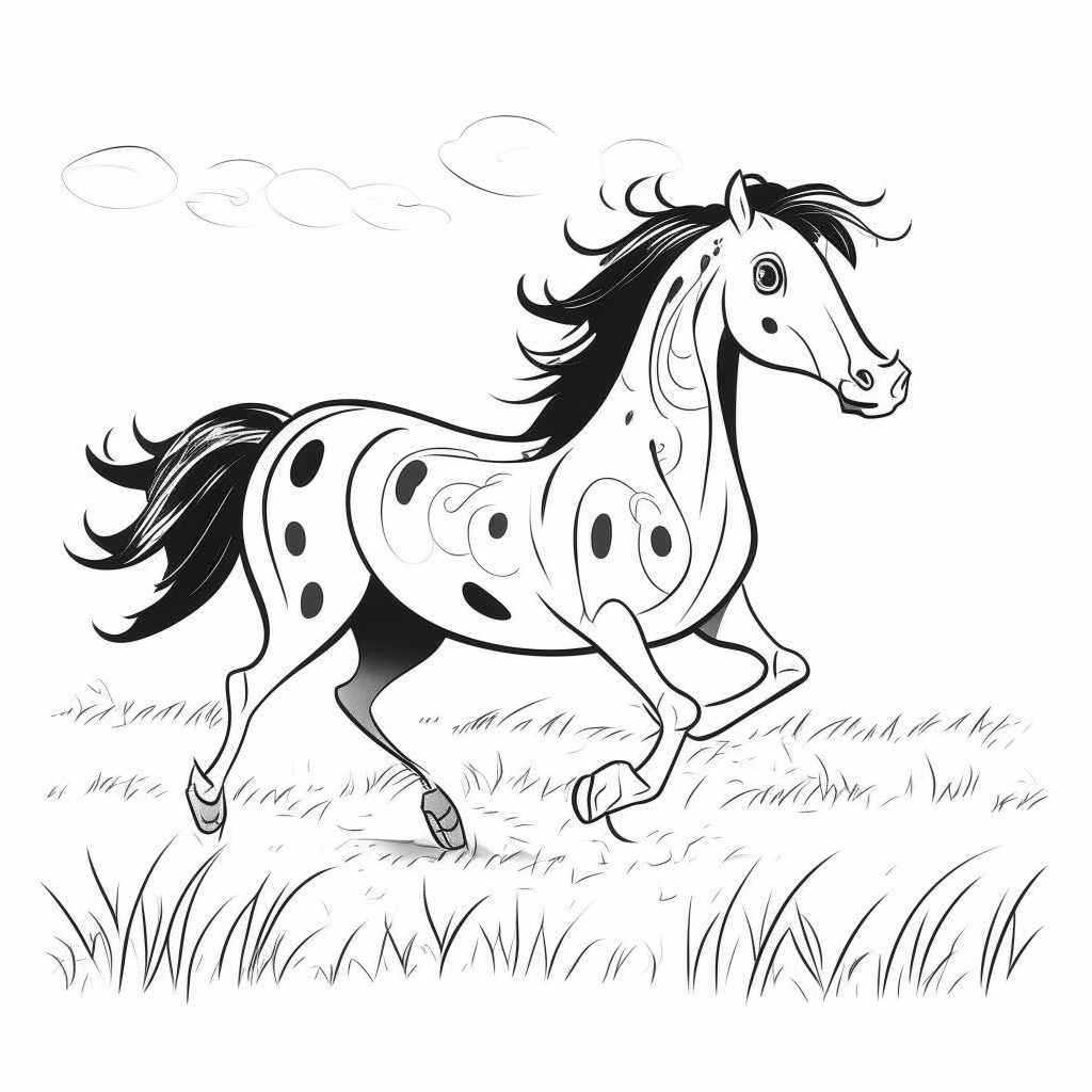 a cartoon-style black and white drawing of a spotted horse galloping in an open field, thick lines, no shadows, for easy coloring