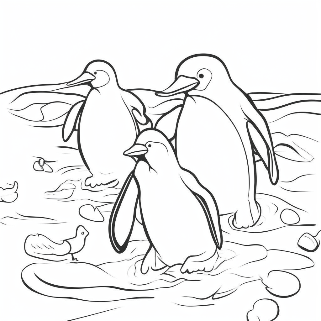 a cartoon-style black and white drawing of penguins sliding on ice together, thick lines, no shadows, for easy coloring