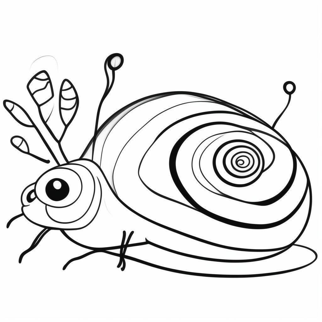 a cartoon-style black and white drawing of a snail on a leaf, thick lines, no shadows, for easy coloring