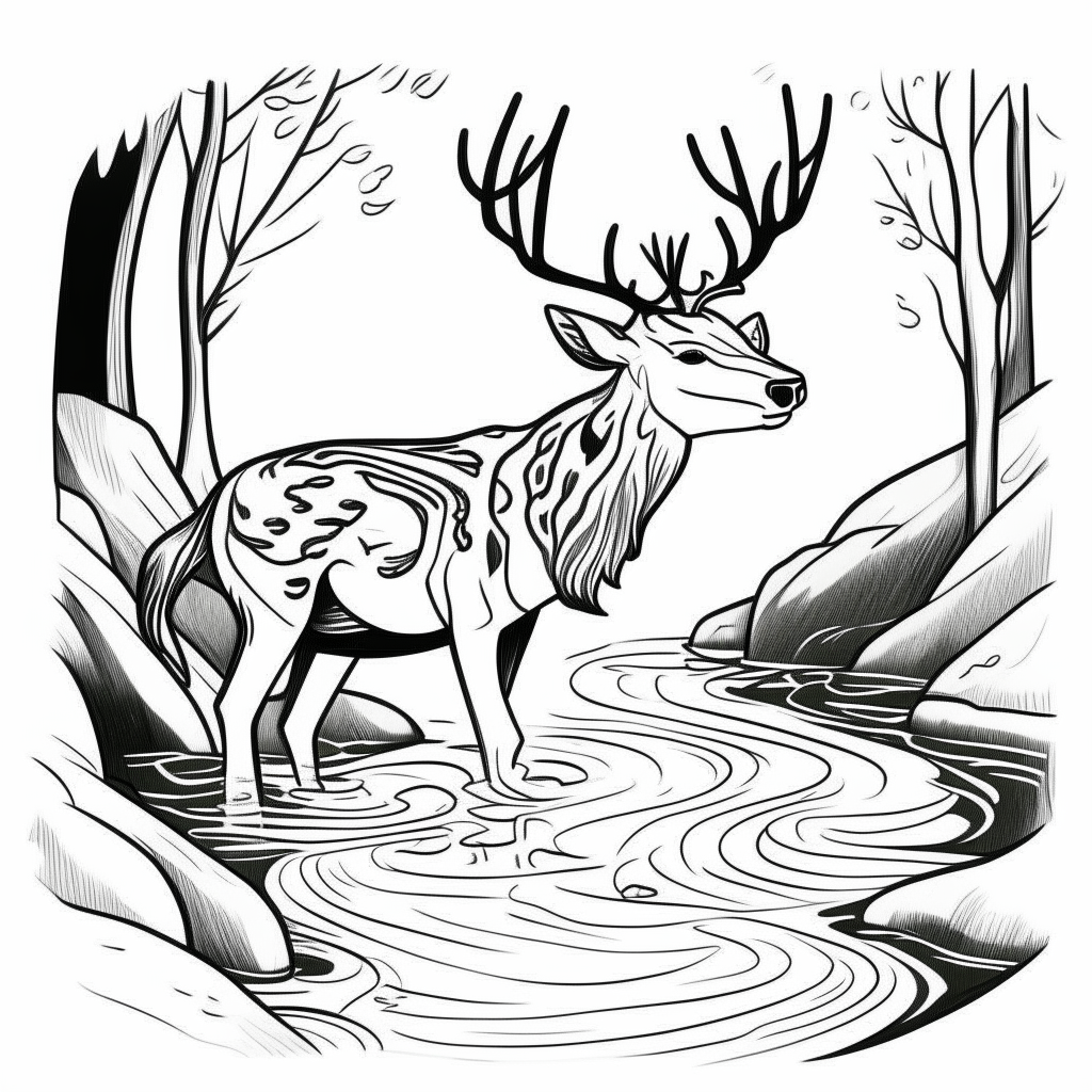 a cartoon-style black and white drawing of a deer drinking from a flowing stream, thick lines, no shadows, for easy coloring