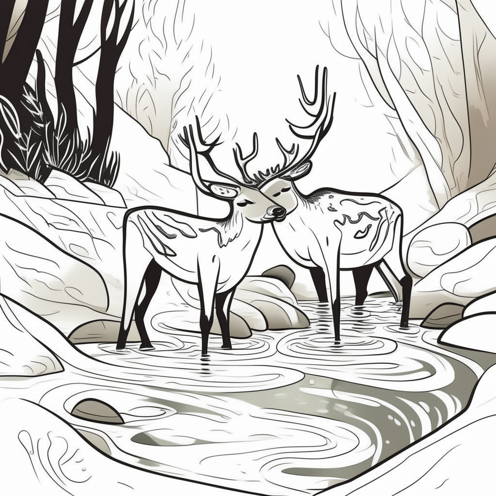 a cartoon-style black and white drawing of two deer drinking from a flowing stream, thick lines, no shadows, for easy coloring