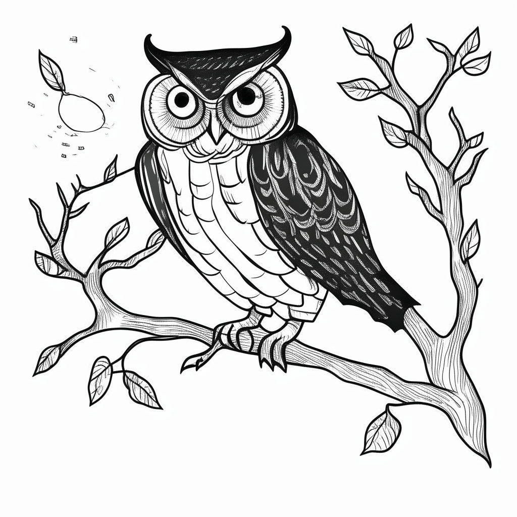 a cartoon-style black and white drawing of an owl perched on a night branch, thick lines, no shadows, for easy coloring