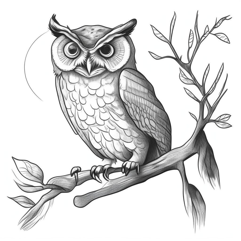 a cartoon-style gray-scale drawing of an owl perched on a night branch, thick lines, no shadows, for easy coloring