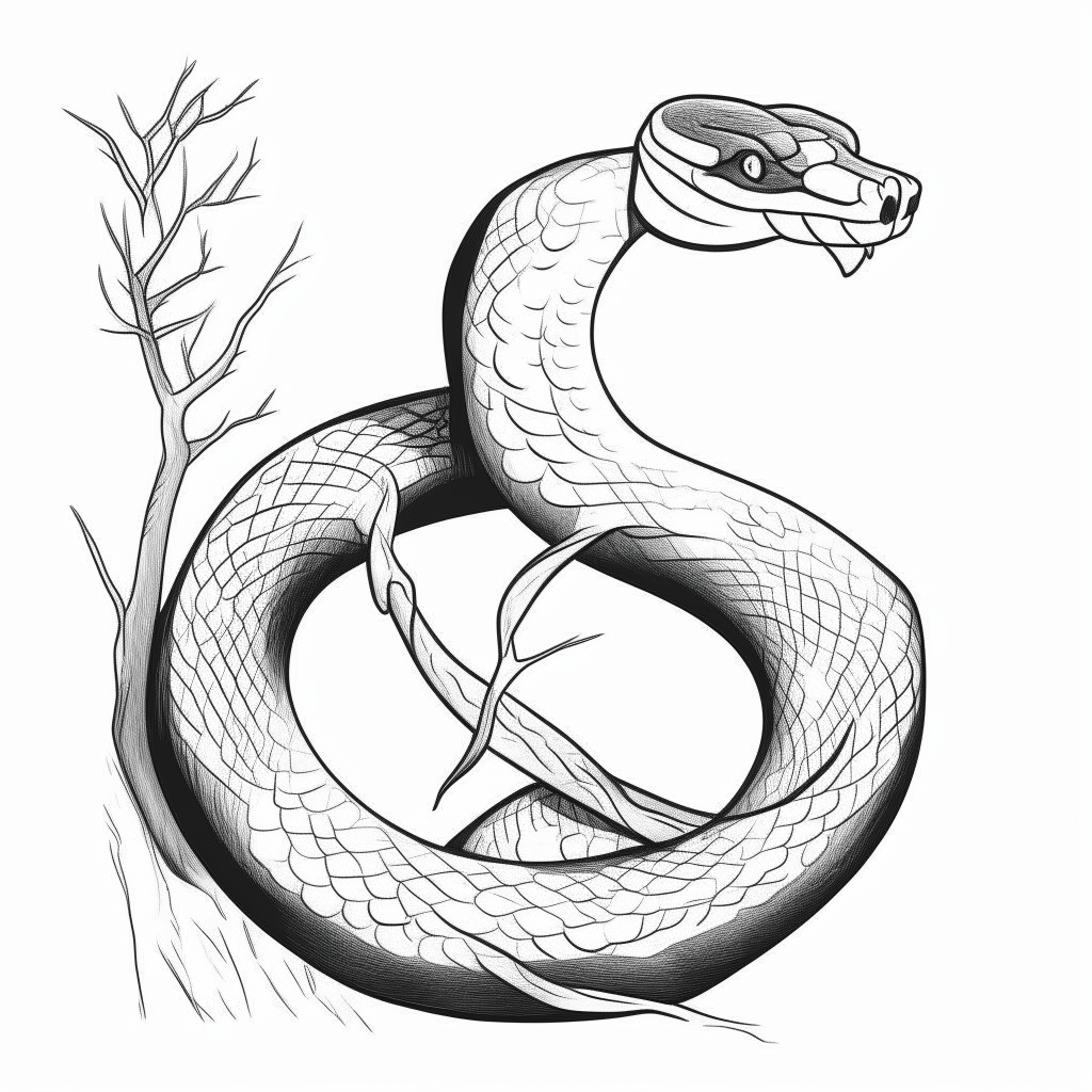 a cartoon-style black and white drawing of a snake coiled around a branch, thick lines, no shadows, for easy coloring