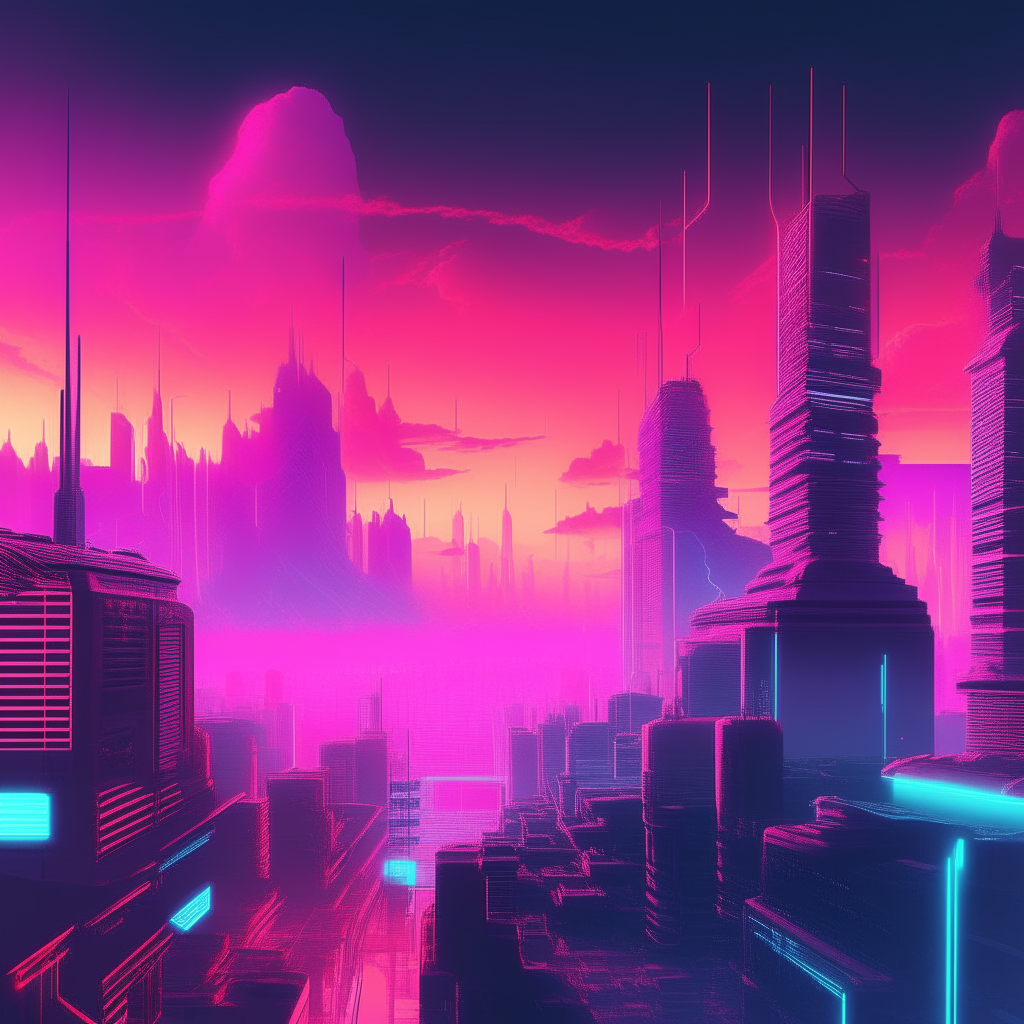 a sci-fi utopian cityscape amidst shifting vaporwave aesthetics, 1280x581 aspect ratio