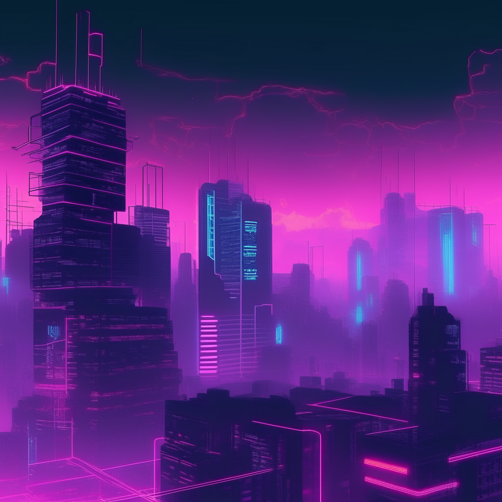 a sci-fi utopian cityscape amidst shifting vaporwave aesthetics, with pulsing lights and moving geometric shapes, 1280x581 aspect ratio, animated GIF format under 4MB