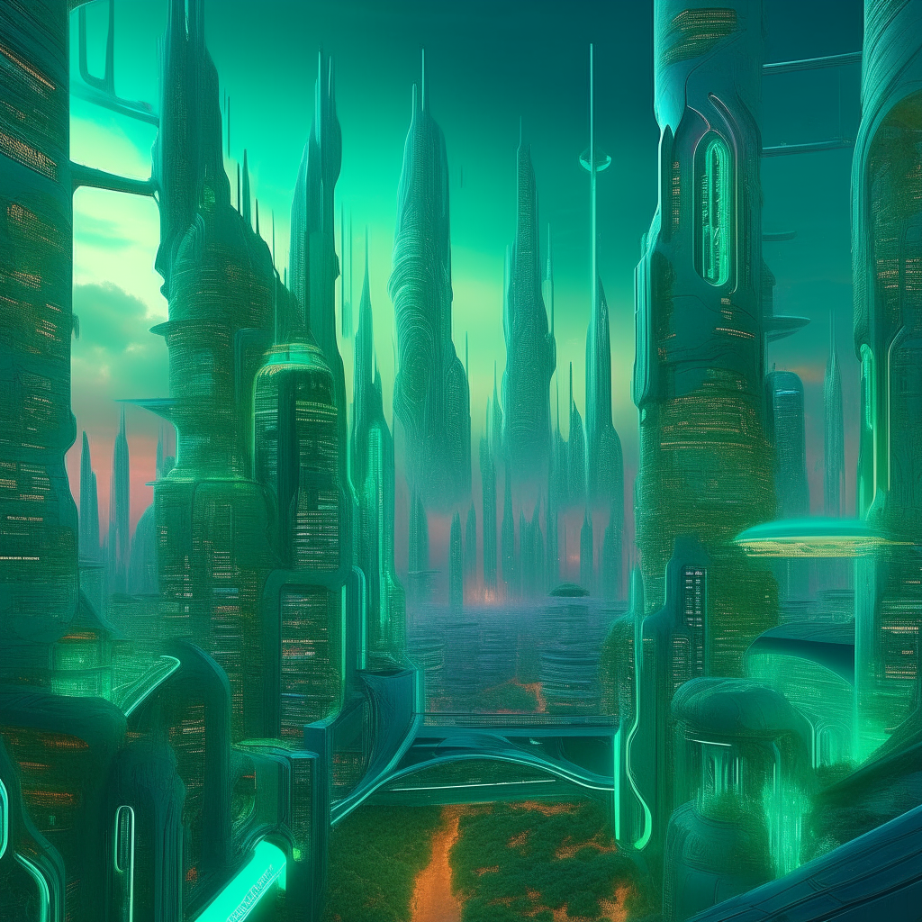 a sci-fi utopian cityscape powered by malachite, with green and turquoise tones