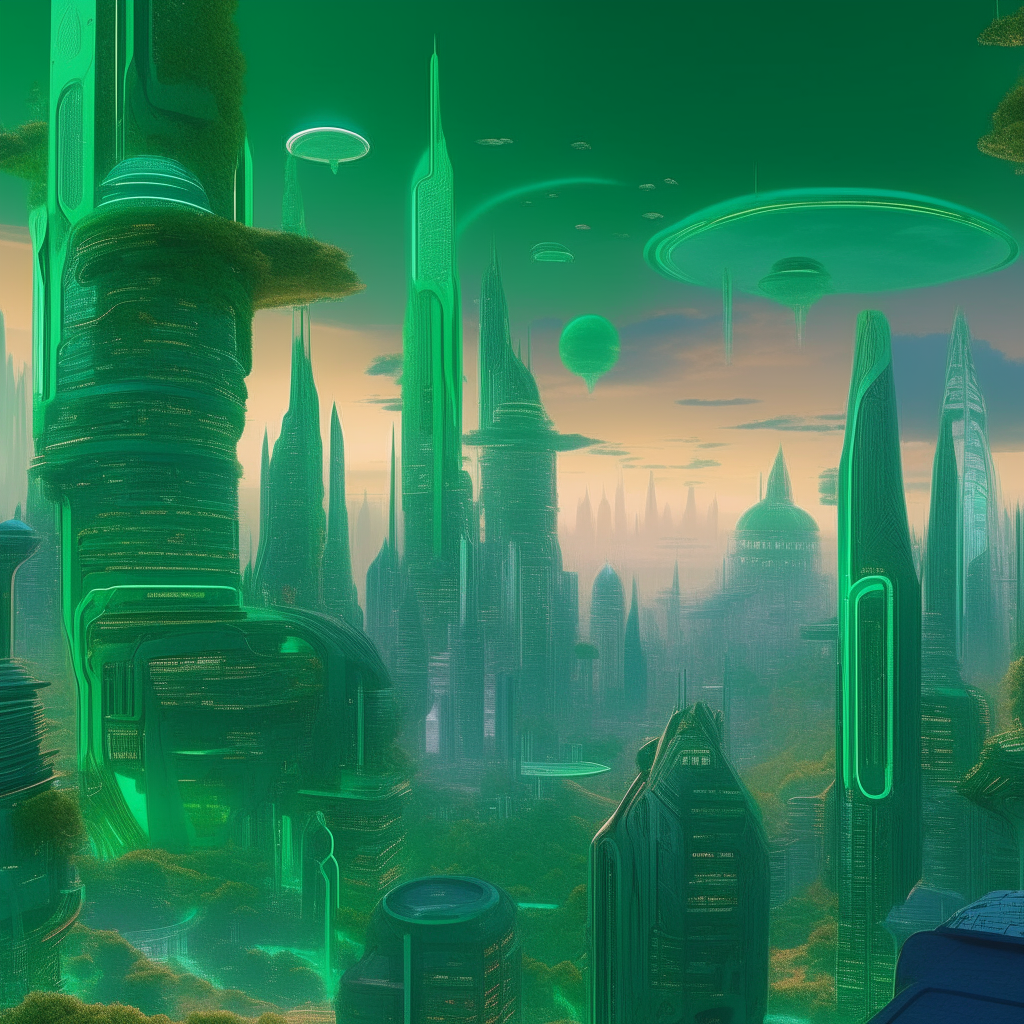 a sci-fi utopian cityscape powered by malachite, with greener color tones