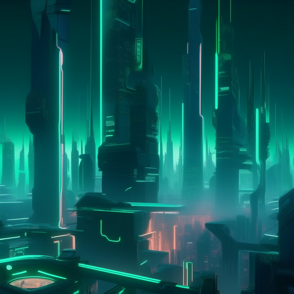 a futuristic city with neon lights in the night, with a greenish glow