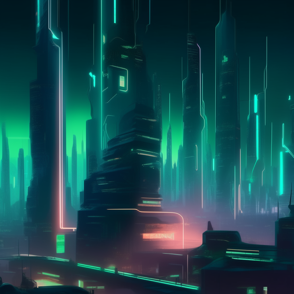 a futuristic city with neon lights in the night, with a subtle greenish glow