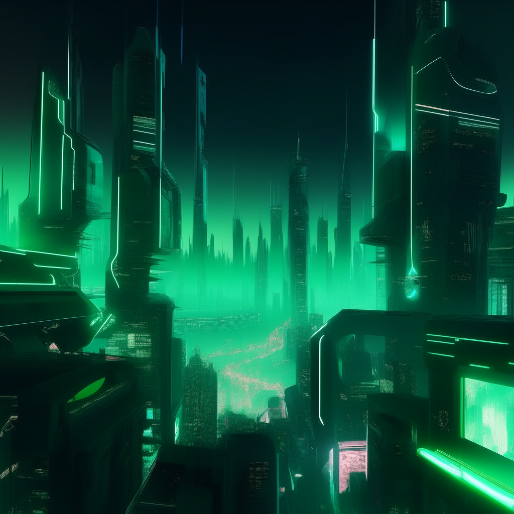 a futuristic city at night with neon lights, and a subtle green glow from below