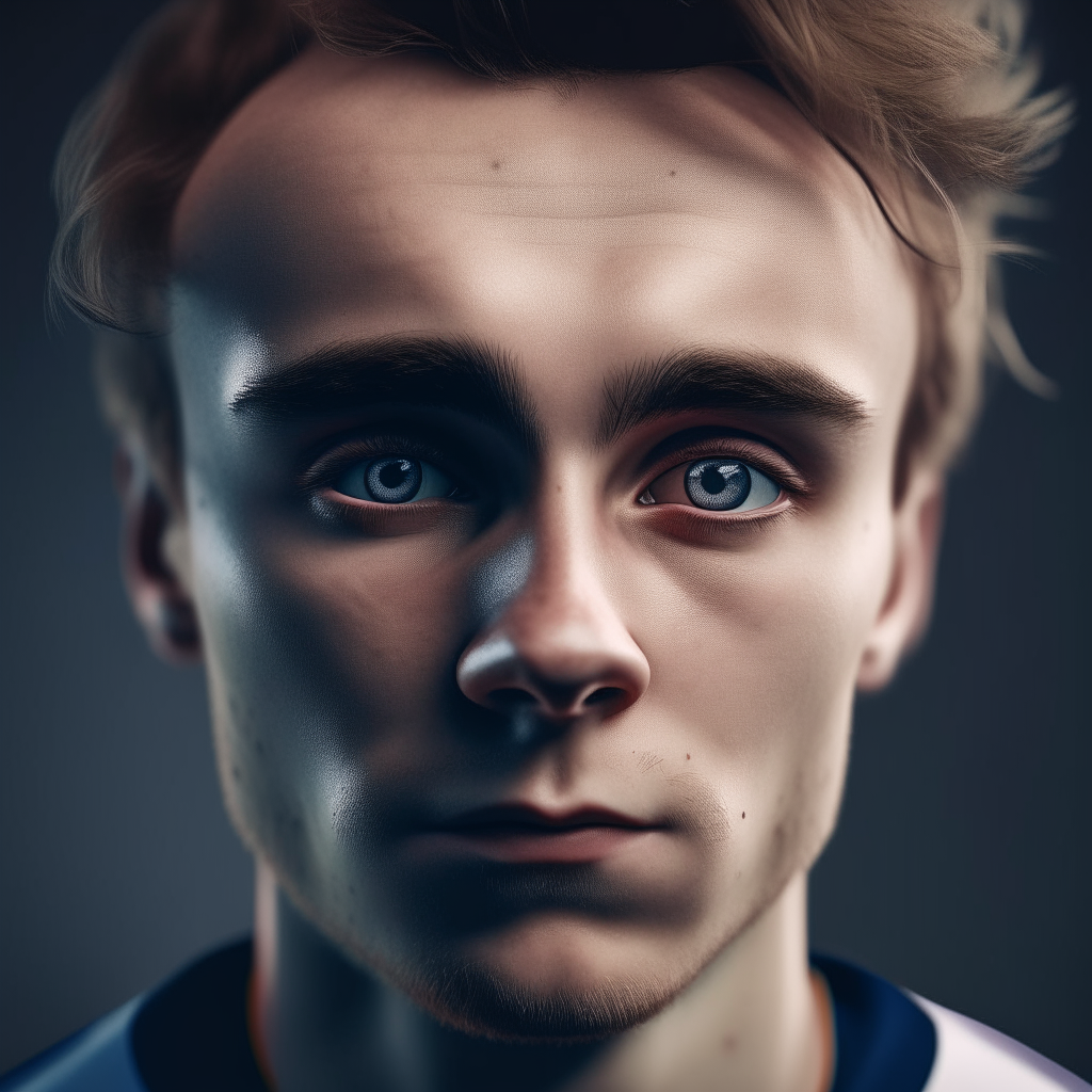A portrait of the soccer player from image-5, edited to incorporate facial features from the person in the close-up image-3 to make him appear more British.