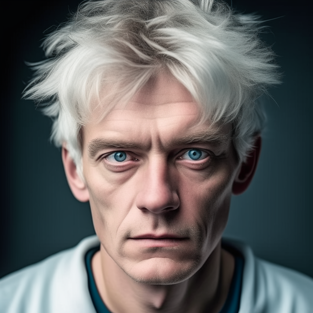 portrait of a man with white hair and ice-blue eyes, serious expression