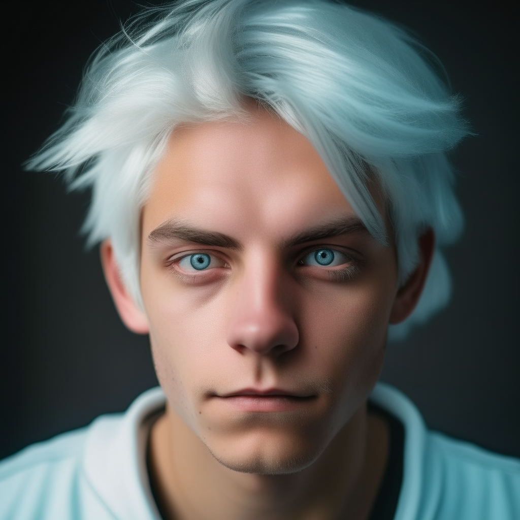 portrait of a 25-year-old man with white hair and ice-blue eyes, serious expression