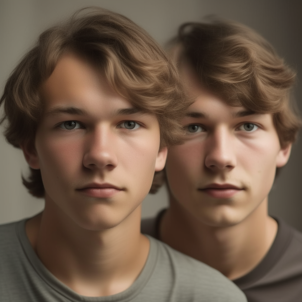 portrait of a man with light brown hair and short wavy hair, serious expression, younger brother