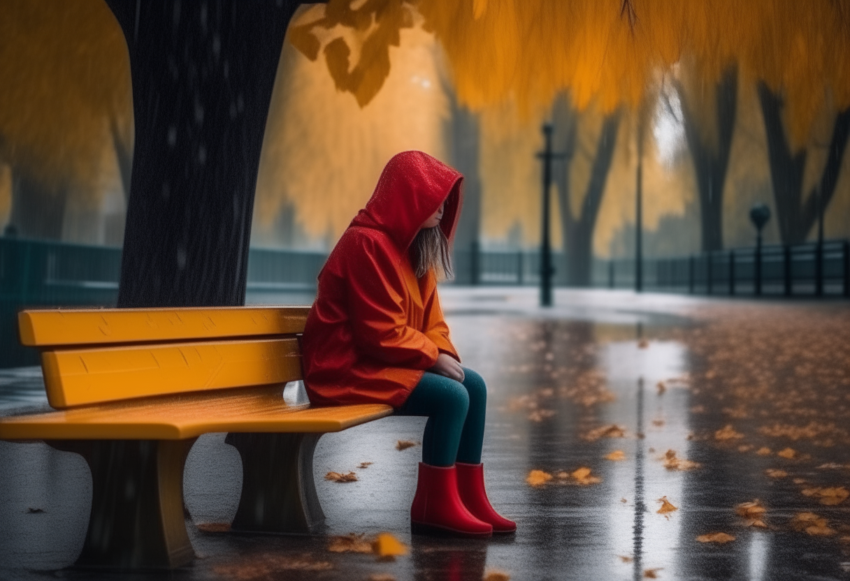 Heavy rain beats drops on the sidewalk, forming circles, autumn, puddles, wind, yellow leaves, overcast, city park, big trees, On a bench sits a beautiful and very sad girl in a red hooded jacket