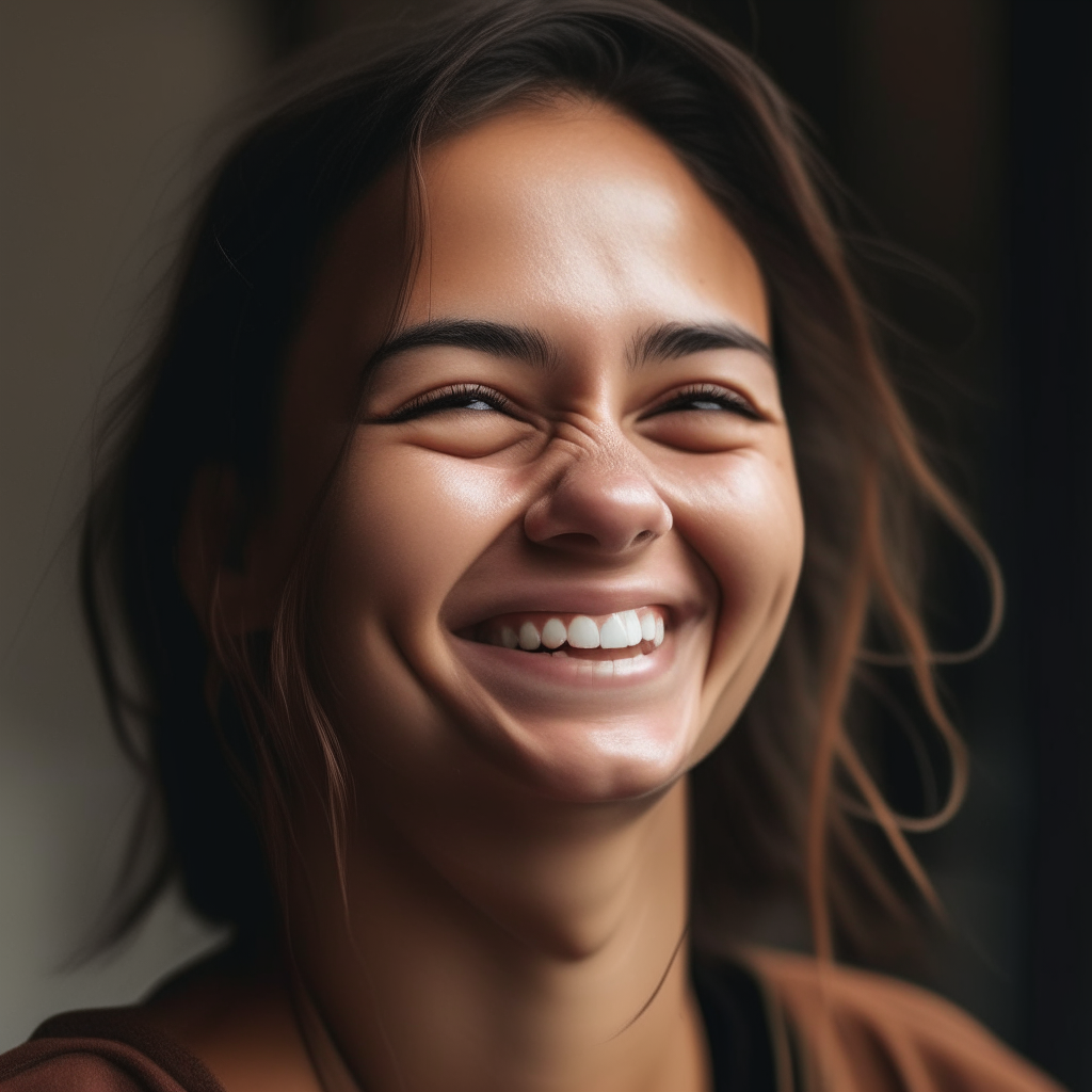 a close up of the person smiling with their head tilted slightly to the right