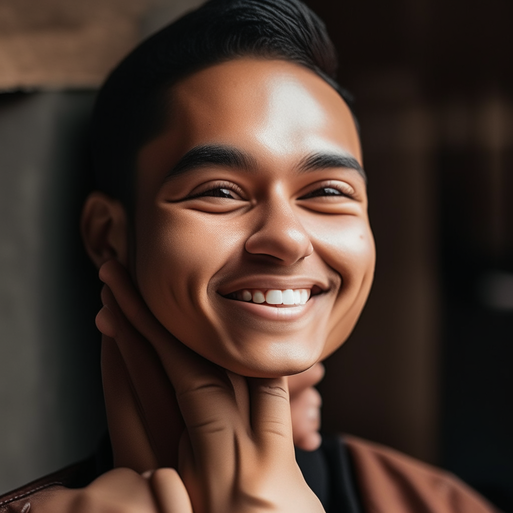 a close up of the person smiling with their chin resting in their hand